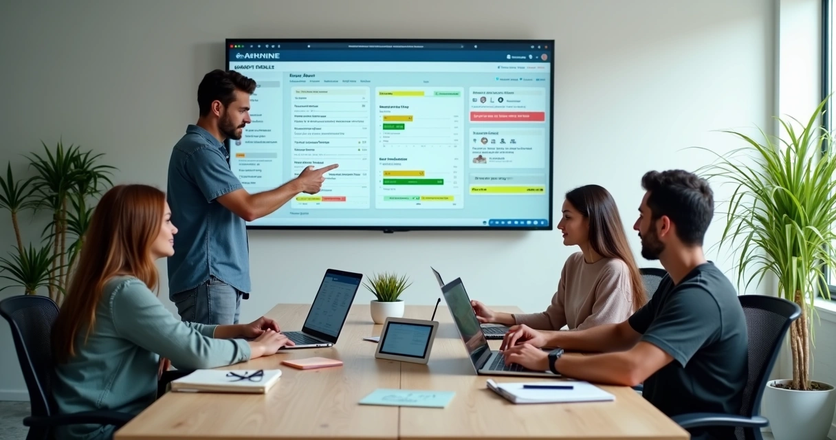 Squad de desenvolvimento acompanhando OKRs em painel digital 