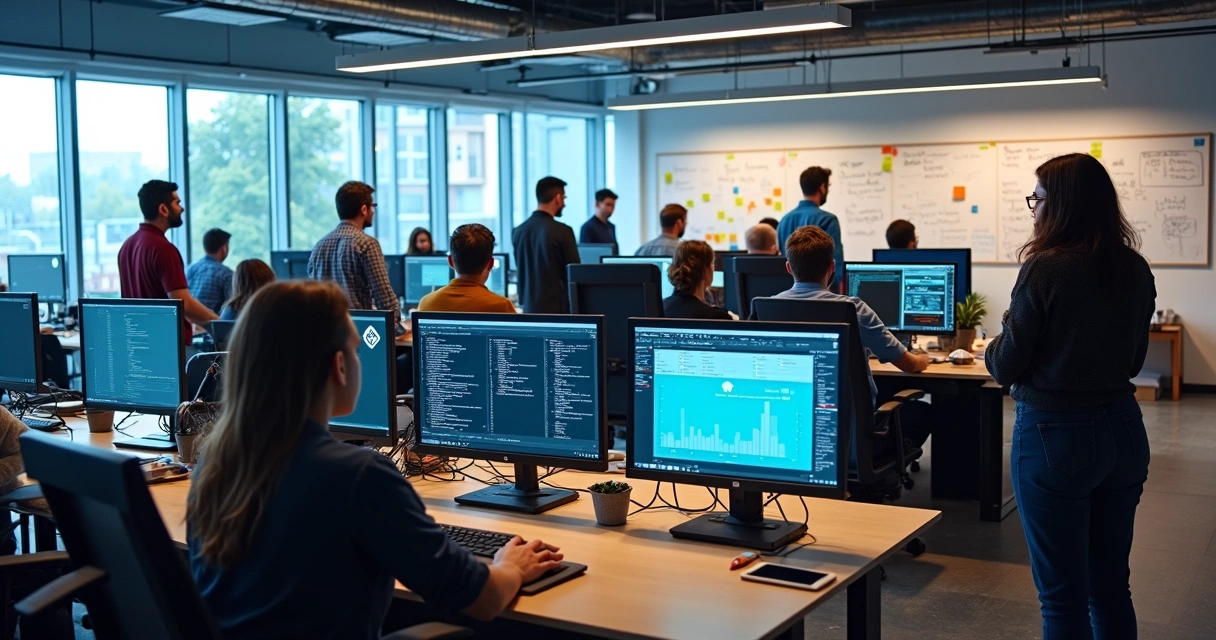 Equipe de TI reunida integrando processos DevOps e ferramentas 