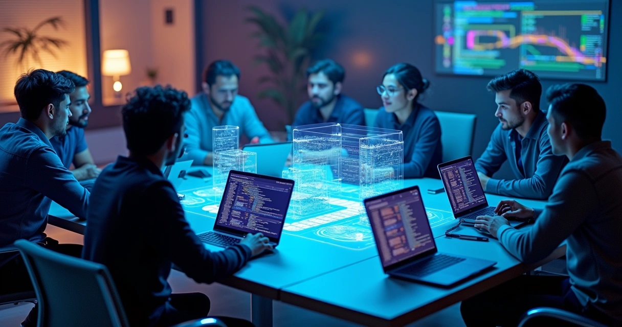 Equipe de DevOps reunida em torno de servidores digitais