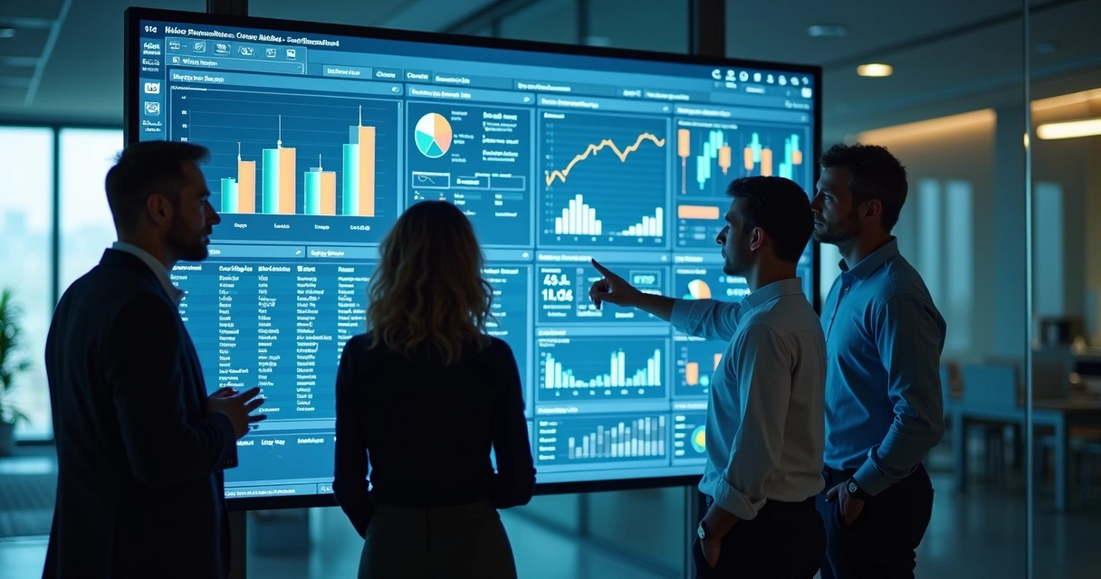 Equipe reunida ao redor de tela digital exibindo gráficos 