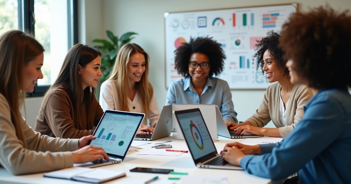Grupo de mulheres reunidas ao redor de uma mesa com notebooks abertos. 