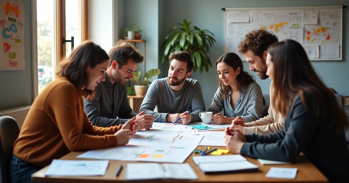 Equipe reunida em mesa com protótipos e papéis discutindo ideias de design 