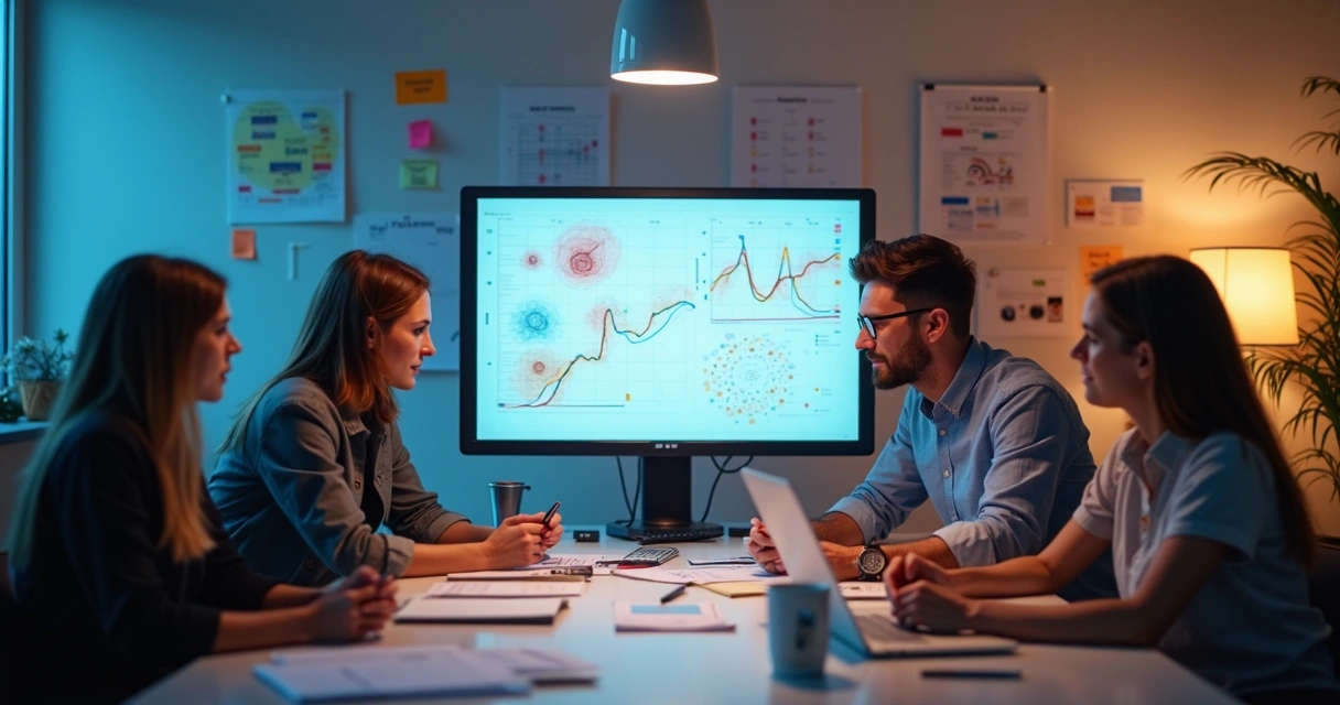 Equipe analisando padrões de clientes em um escritório 