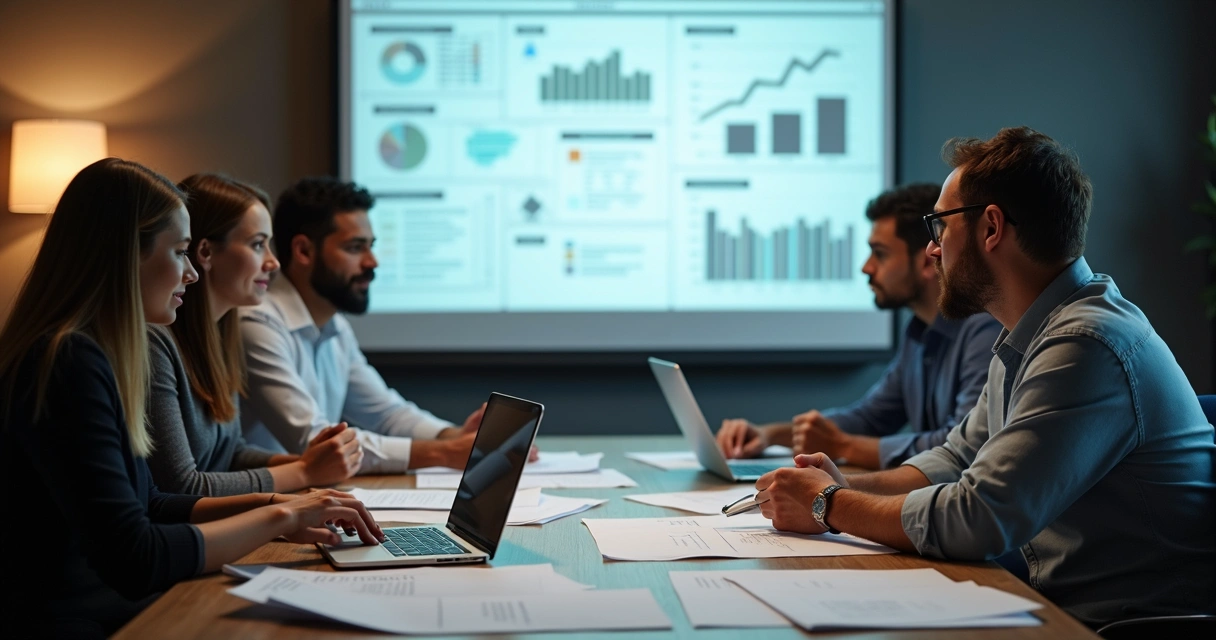 Equipe em reunião avaliando documentos para licitação