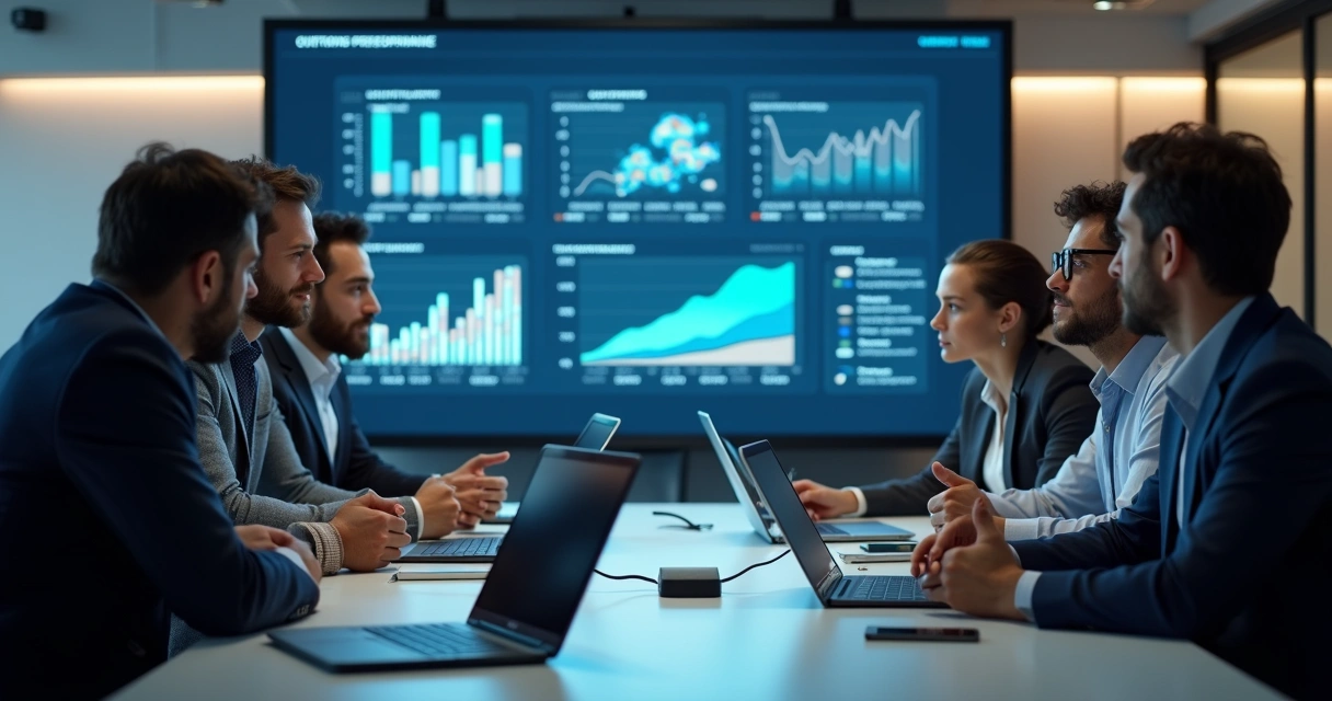 Equipe de gestão discutindo estratégia baseada em dados 