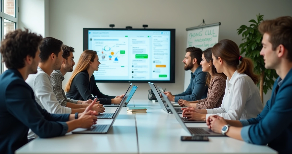 Equipe discutindo estratégias de campanha de WhatsApp em escritório 