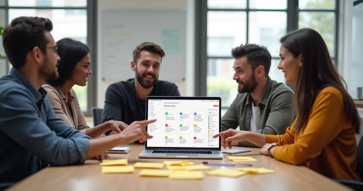 Equipe reunida na mesa discutindo e desenhando fluxo de automação no computador