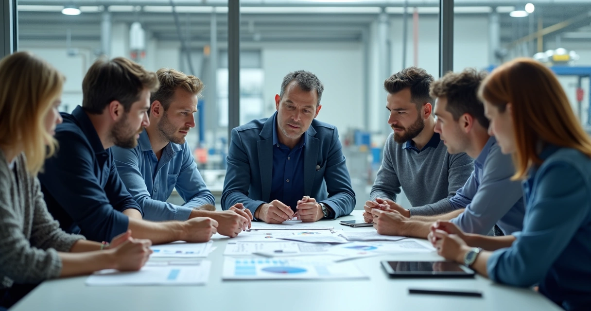 Colaboradores de fábrica reunidos olhando para gráficos de desempenho 