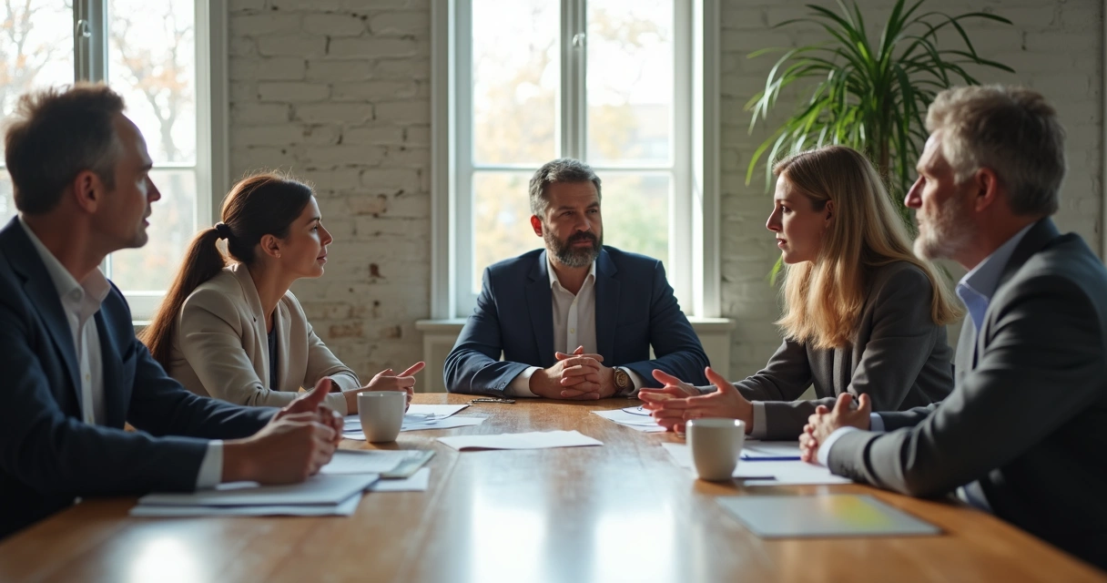 Equipe reunida em sala discutindo desafios e problemas