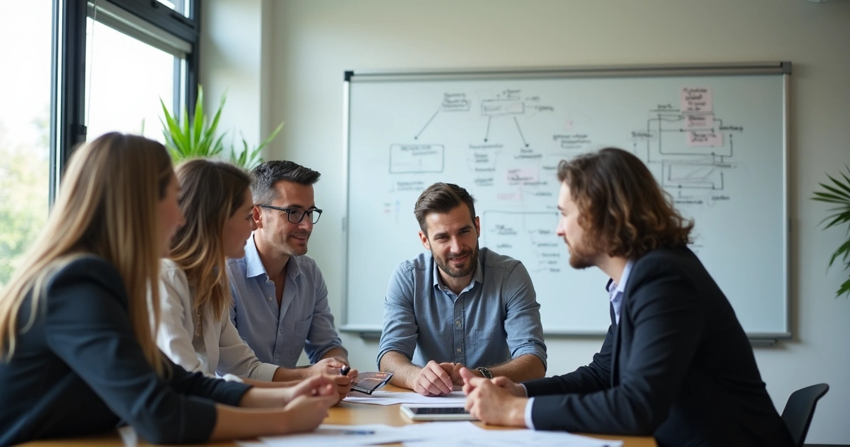 Equipe reunida discutindo projetos em frente ao computador 