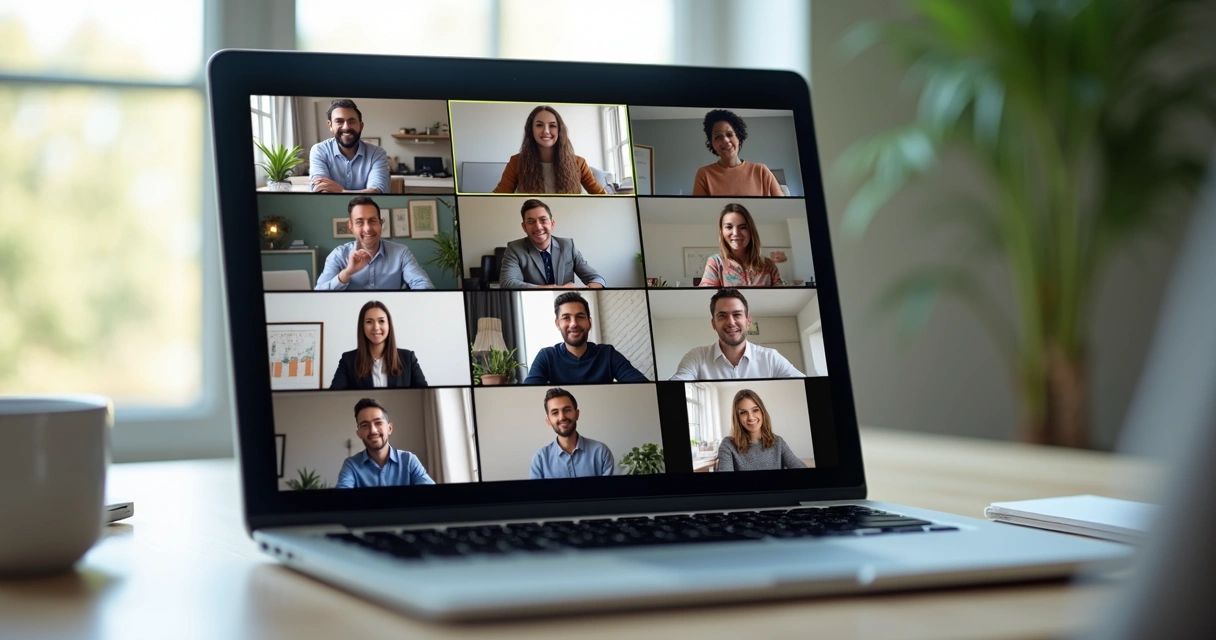 Equipe distribuída em reunião virtual, com telas mostrando pessoas atentas 