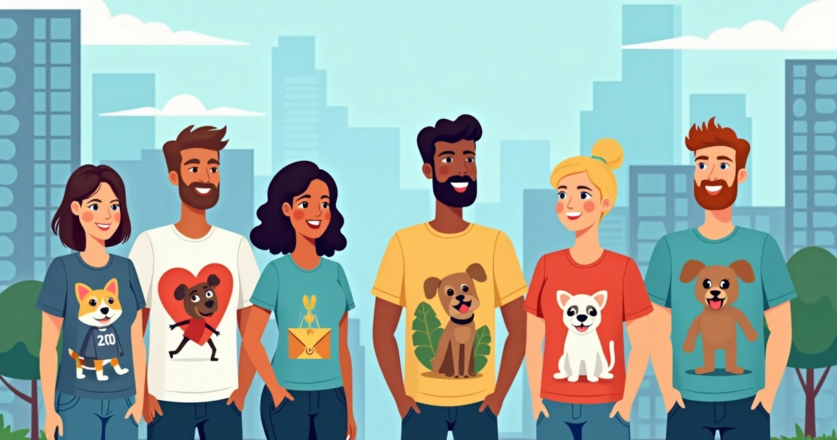 Time diverso vestindo camisetas personalizadas com diferentes fotos em cenário urbano