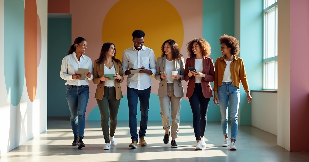 Grupo diverso caminhando lado a lado em corredor colorido 