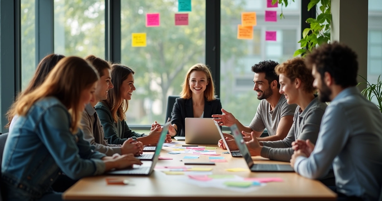 Grupo de colaboradores animados em reunião de equipe 