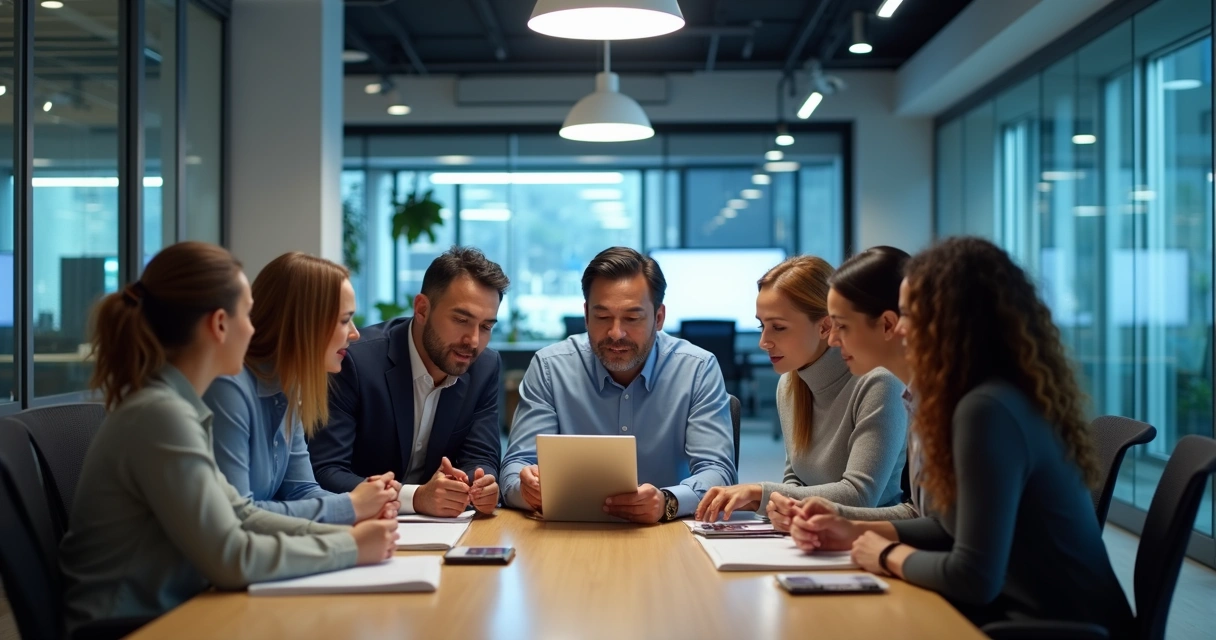 Equipe de trabalho diversa reunida em torno de líder em escritório moderno digital 