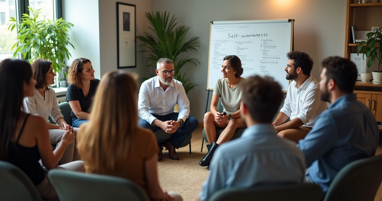 Equipe diversa sentada em círculo praticando escuta consciente 