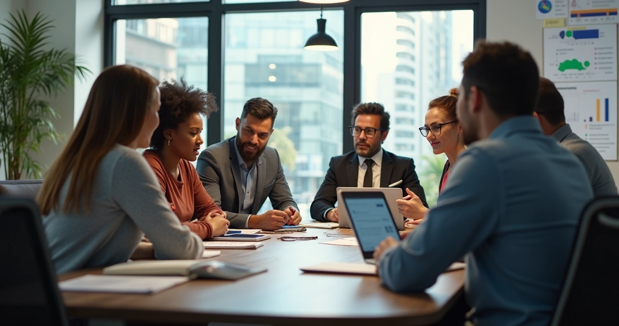 Equipe diversa fazendo reunião em ambiente moderno 