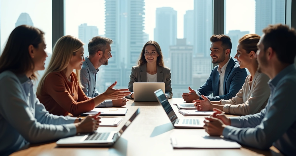 Equipe multicultural reunida ao redor de uma mesa trocando feedbacks construtivos 