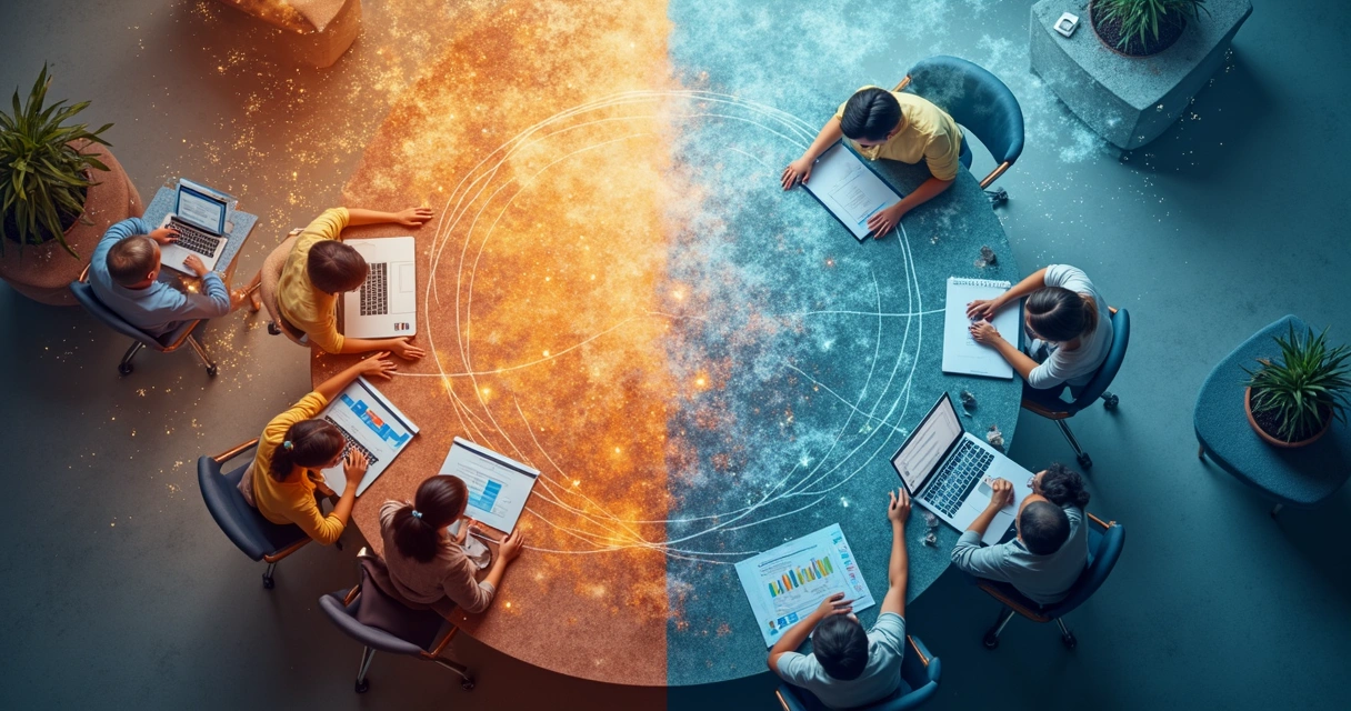 Equipe dividida ilustrando pensamento linear e visão sistêmica 