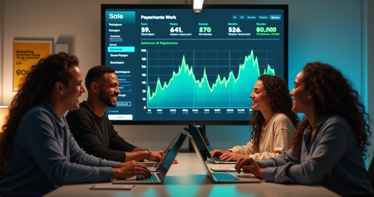 Equipe de e-commerce analisando dashboard de pagamentos com resultados positivos 