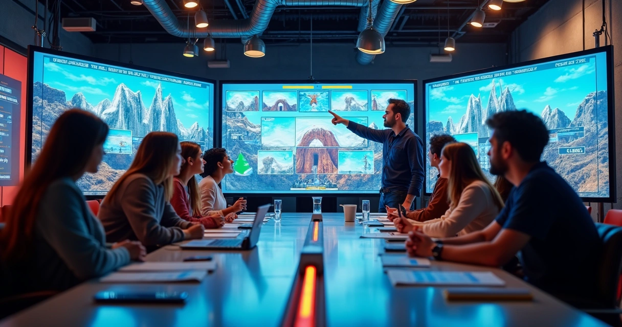 Equipe de edição de vídeo colaborando com interface de IA 