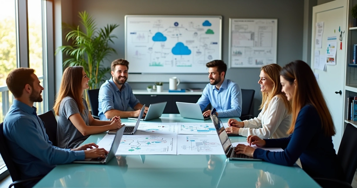 Equipe de tecnologia reunida em escritório moderno, colaborando em projetos de TI 