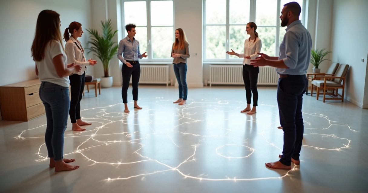 Equipe em pé sobre piso com mapa desenhado conectando posições de constelação integrativa 