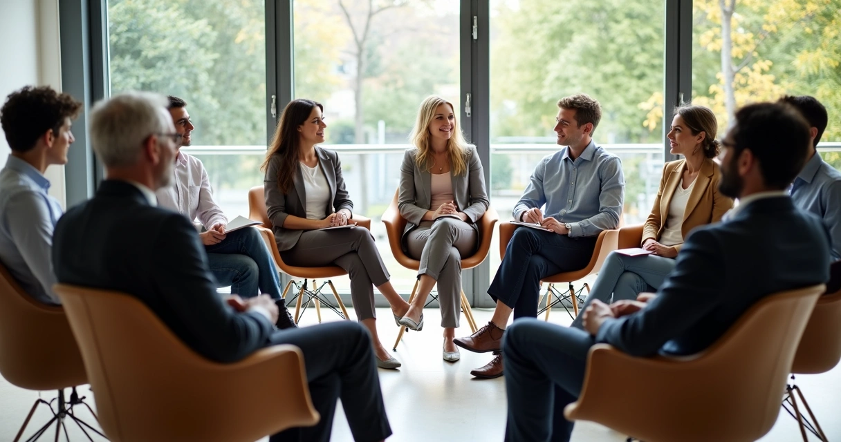 Equipe em uma sala de reunião formando um círculo debatendo assuntos do trabalho