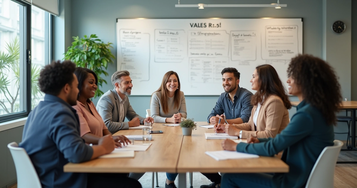 Equipe reunida discutindo valores e ética organizacional.