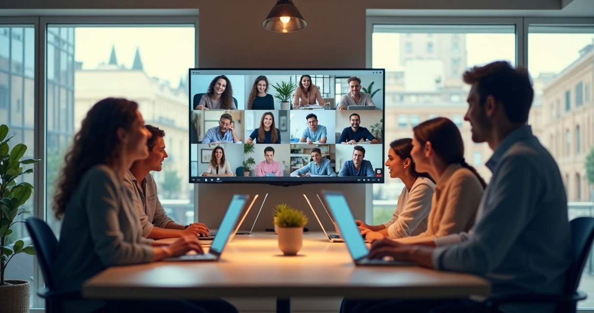 Equipe em reunião híbrida com integrantes no escritório e outros em videoconferência 