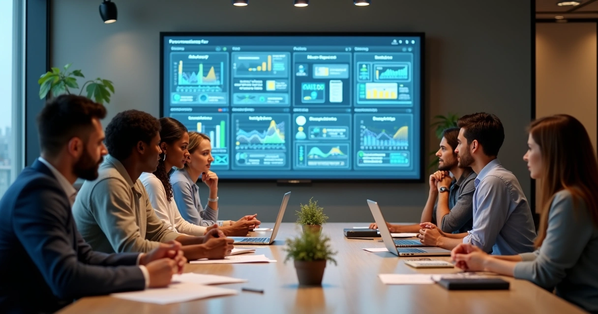 Equipe discute ferramenta digital em sala de reunião moderna 