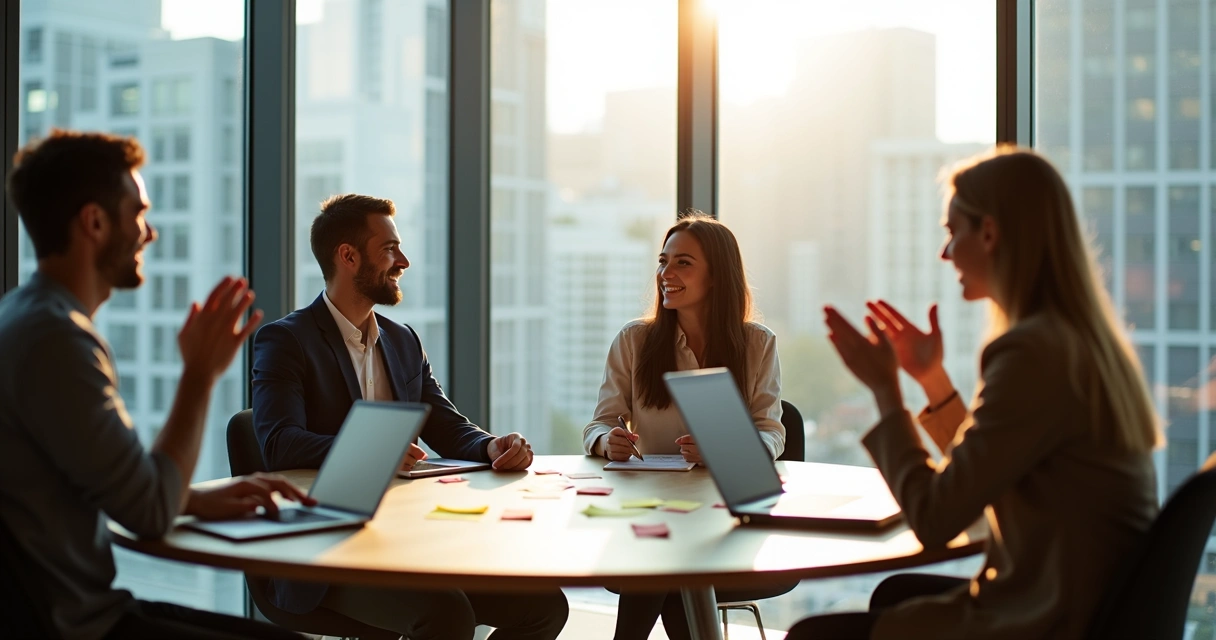 Equipe corporativa em reunião descontraída trocando experiências de gestão 