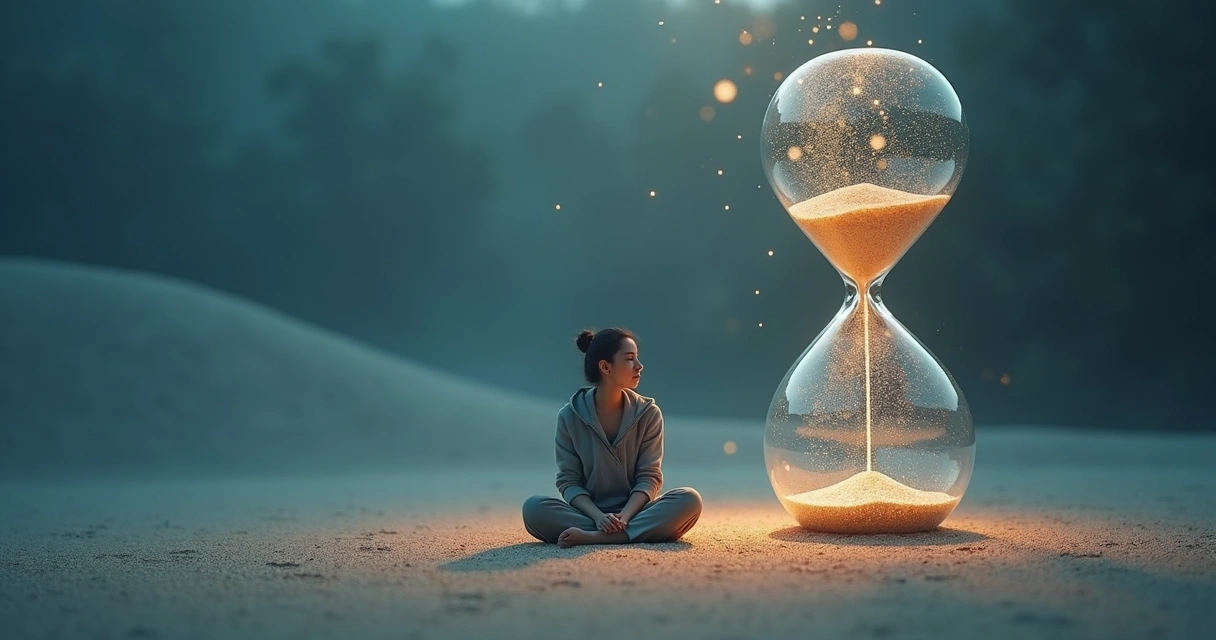Person inside a glowing hourglass surrounded by shifting emotional colors 