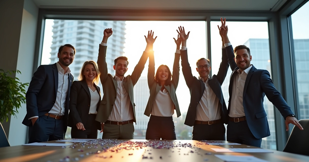 Equipe de empreendedores comemorando conquista de meta