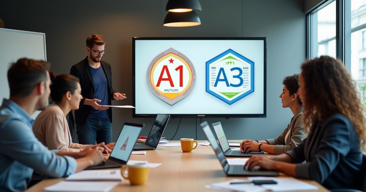 Equipe avaliando tipos de certificado digital em sala de reunião