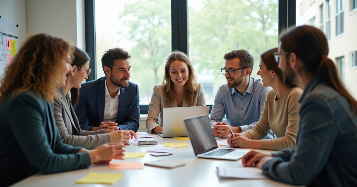 Grupo de equipe reunido em uma sala de reunião expressando diferentes atitudes e funções 
