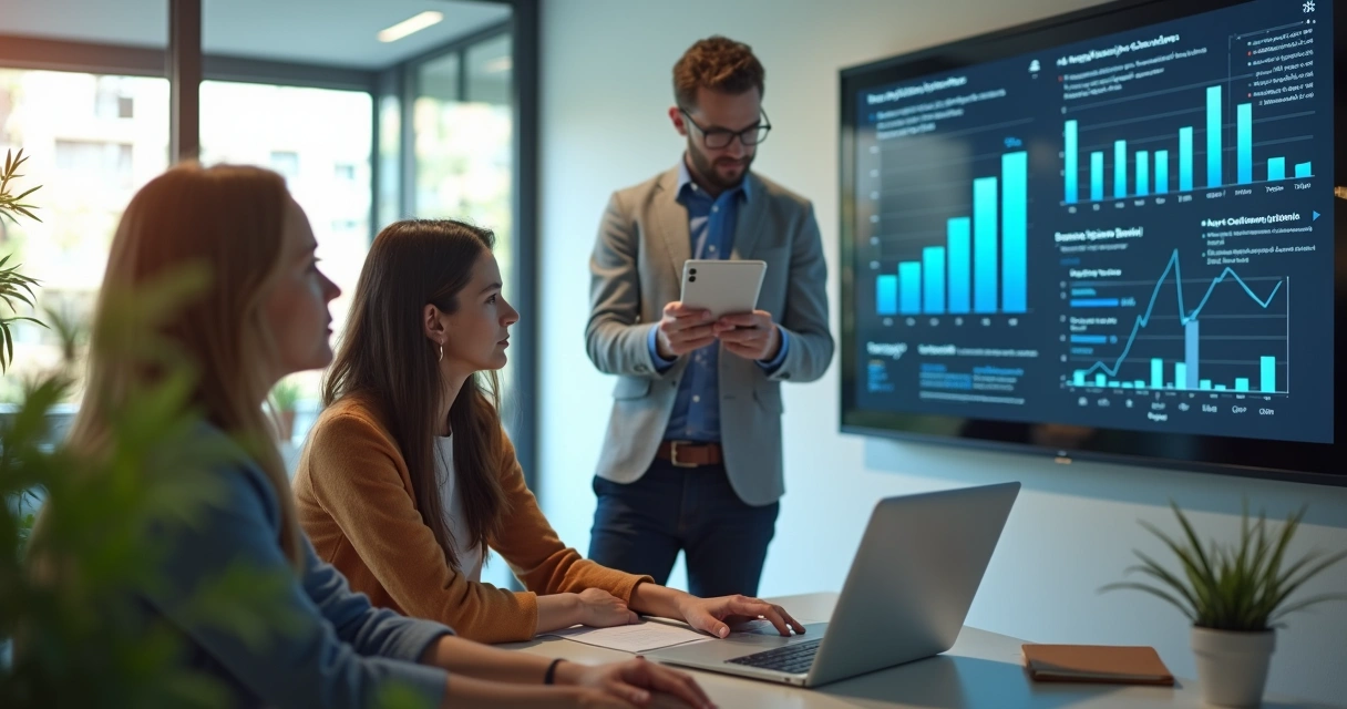 Equipe de empresa reunida em volta de tela exibindo feedbacks e sugestões de clientes. 