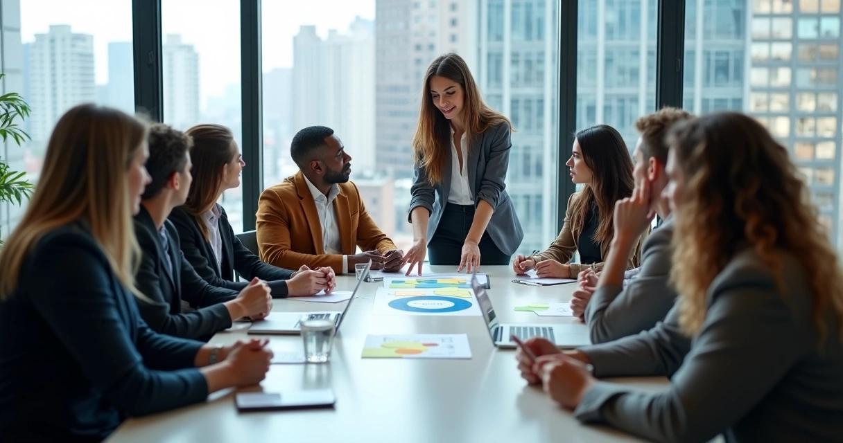 Equipe em reunião sobre transformação empresarial 
