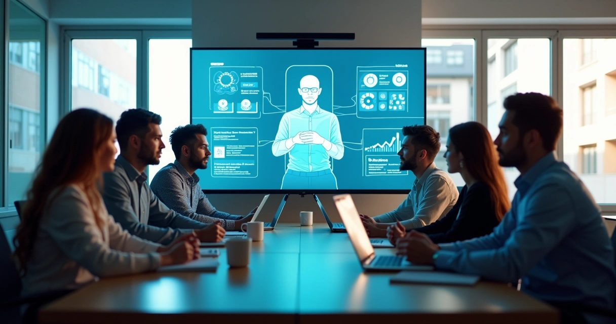 Equipe de negócios colaborando com assistente de IA moderno 