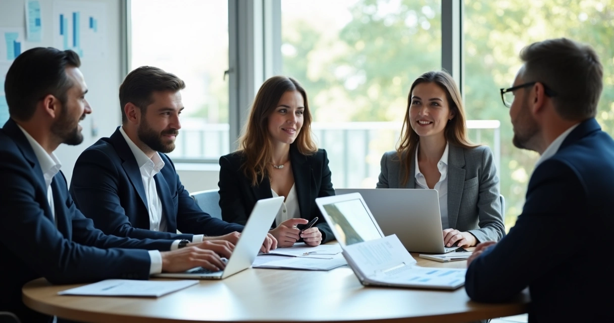 Equipe de líderes empresariais reunidos em mesa redonda, focados em discussão e colaboração. 