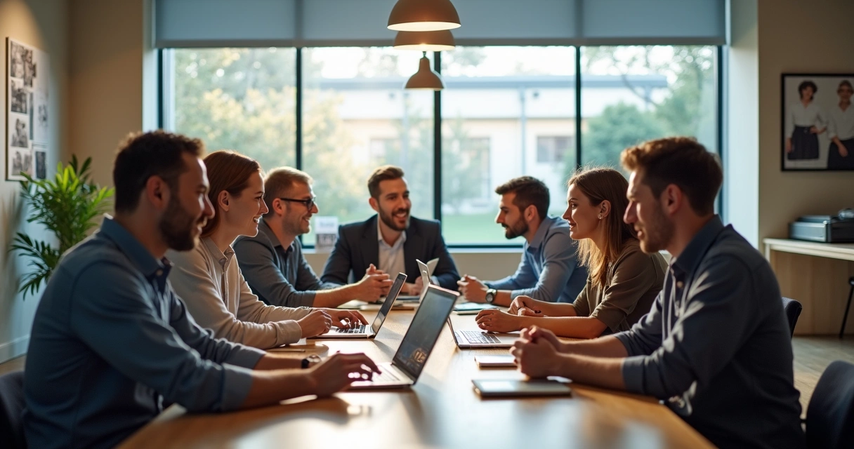 Equipe de empresa formada por ex-estagiários reunidos