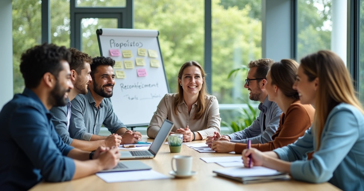 Equipe profissional reunida ao redor de uma mesa sorrindo durante reunião. 