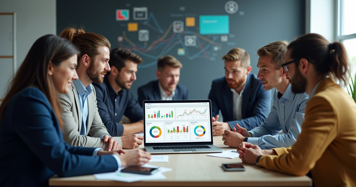 Equipe empresarial reunida analisando dados de vendas digitais na tela de um computador, gráficos coloridos à mostra 