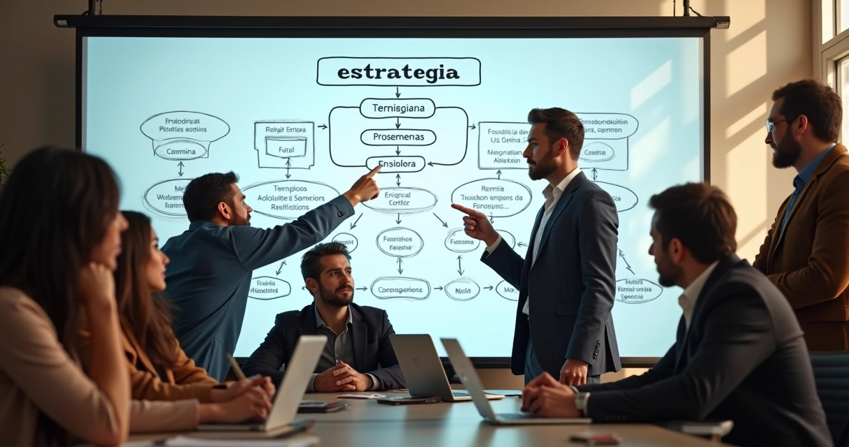 Equipe olhando para um quadro com estratégia e planos, todos atentos 