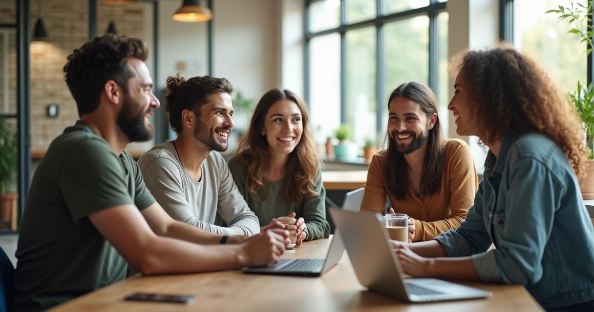 Equipe reunida em pausa, conversando em ambiente de escritório moderno 