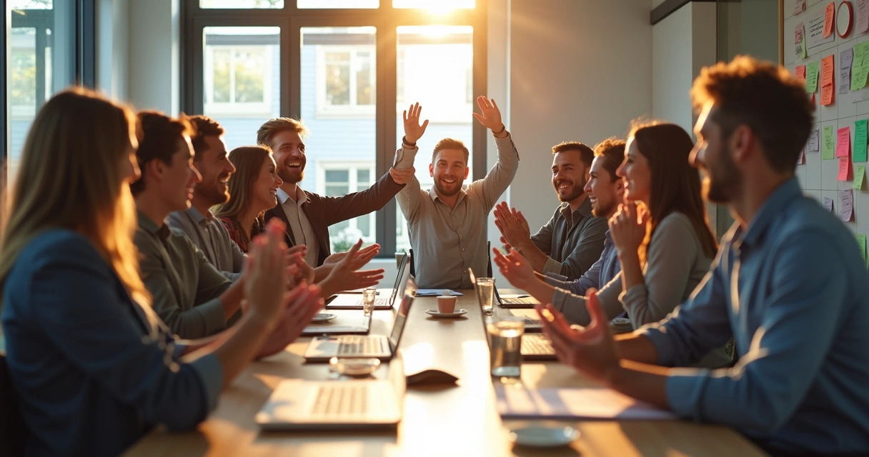 Equipe de PME comemorando resultado positivo 