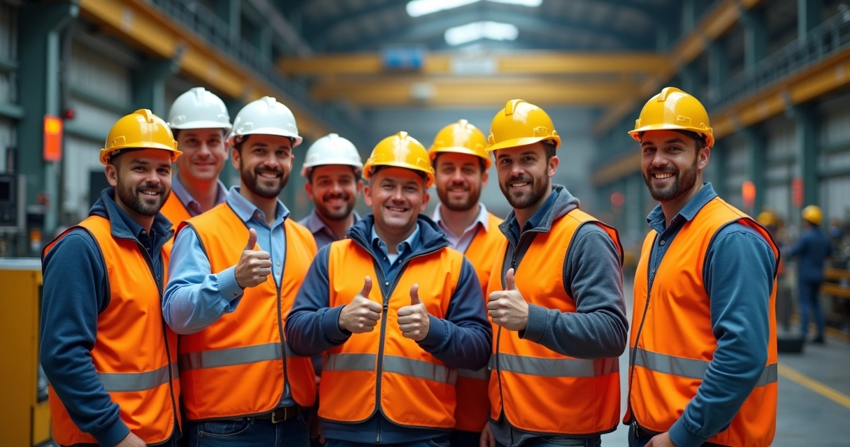 Equipe motivada sinalizando segurança com polegares para cima 