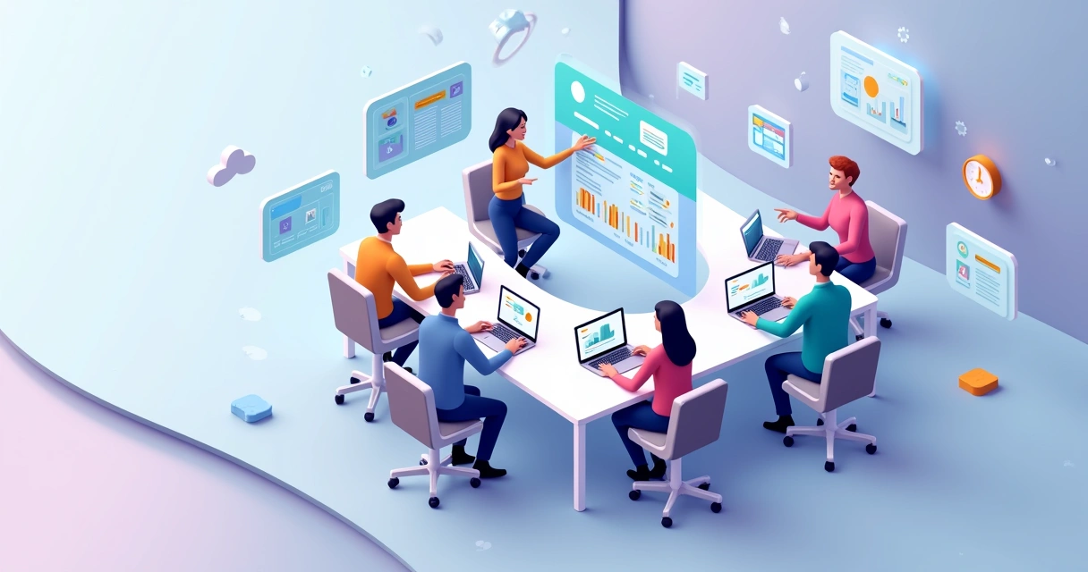 Equipe de trabalho engajada usando tecnologia colaborativa em um escritório moderno 