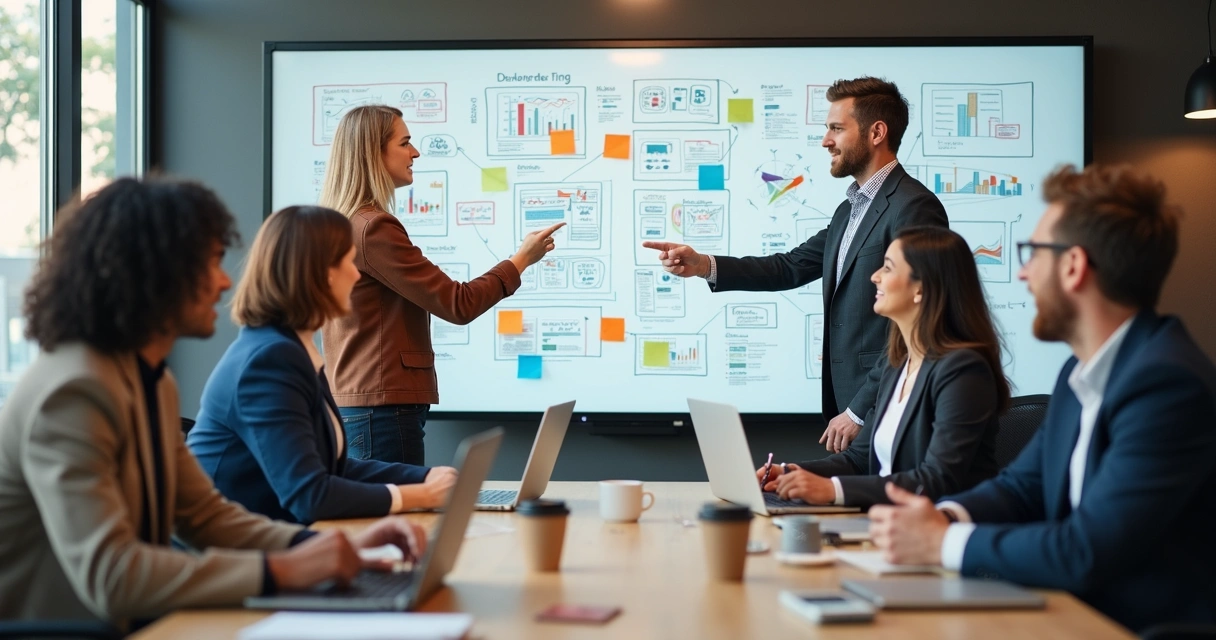 Equipe reunida analisando estratégias de remarketing em frente a lousa