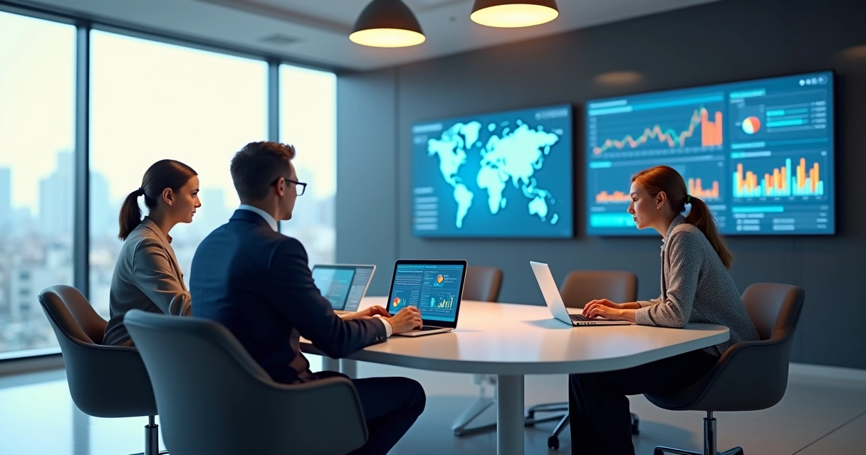 Equipe pequena trabalhando com computadores em sala moderna, gerenciando votações online com facilidade e tecnologia avançada 